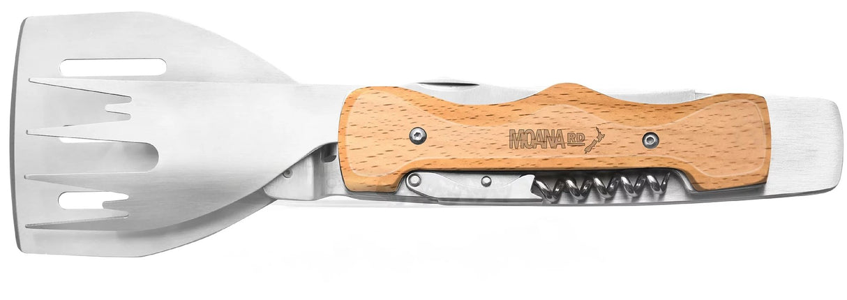 Moana Road BBQ Wonder Tool R3 featuring a spatula, fork, knife, corkscrew, bottle opener, and detachable tongs.