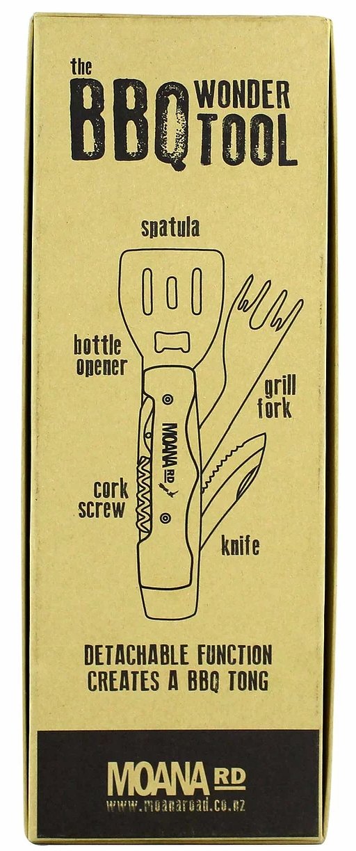 Multi-functional Moana Road BBQ Wonder Tool - R3, featuring spatula, fork, knife, corkscrew, bottle opener, and tongs.