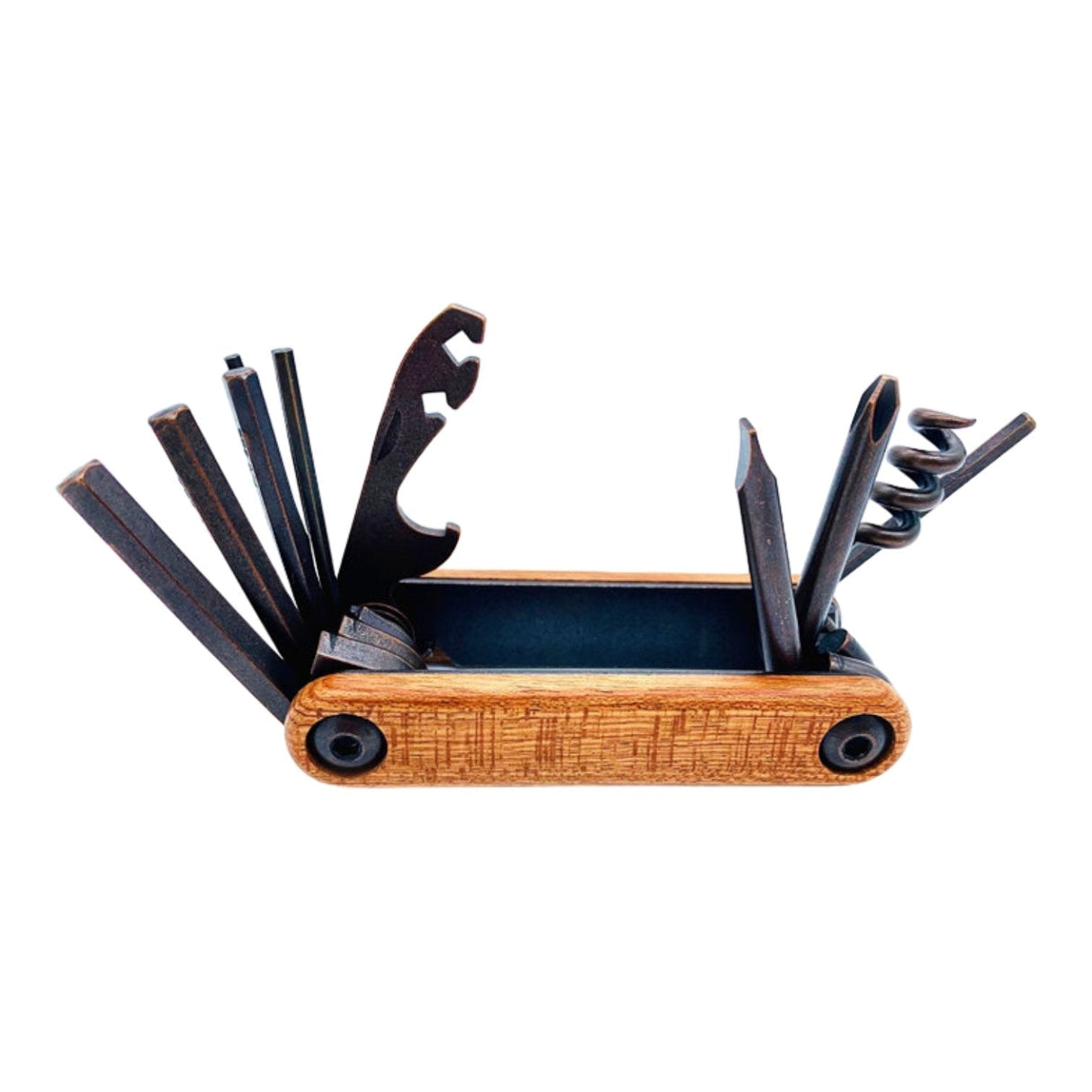 Multi-functional tool with bottle opener, corkscrew, and various wrenches, ideal for builders and DIY enthusiasts.