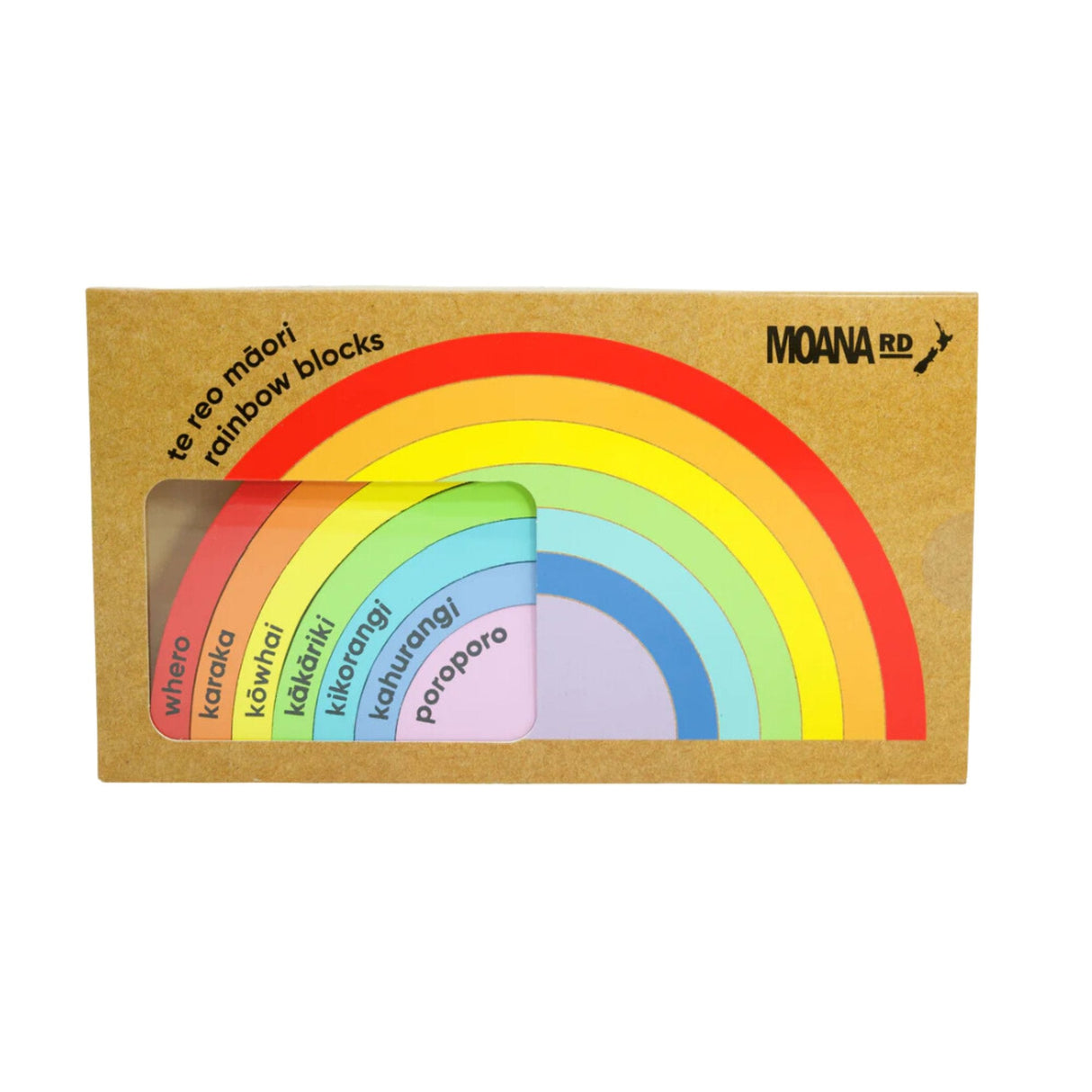Vibrant wooden Te Reo Rainbow Blocks for learning colors in English and M?ori, perfect for stacking and sorting.