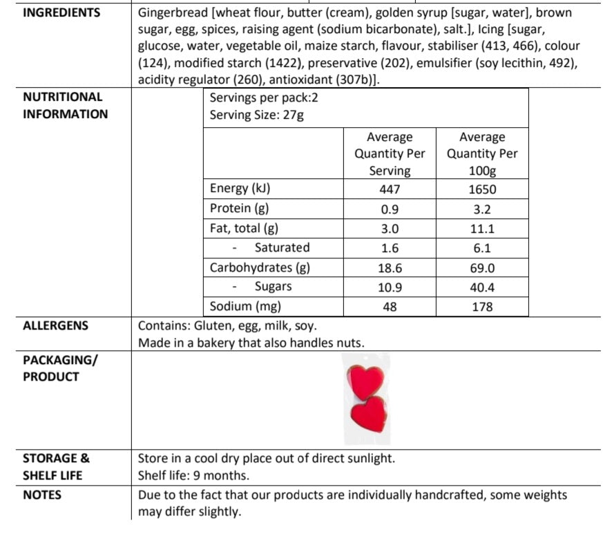 Heart-shaped ginger cookies with red icing in a twin pack, perfect for sweet gifts and celebrations.