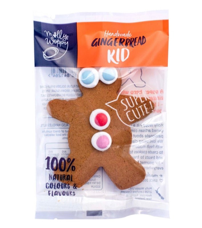Delightful Molly Woppy Ginger Kid gingerbread figure with natural button decorations, made in NZ from 100% natural ingredients.
