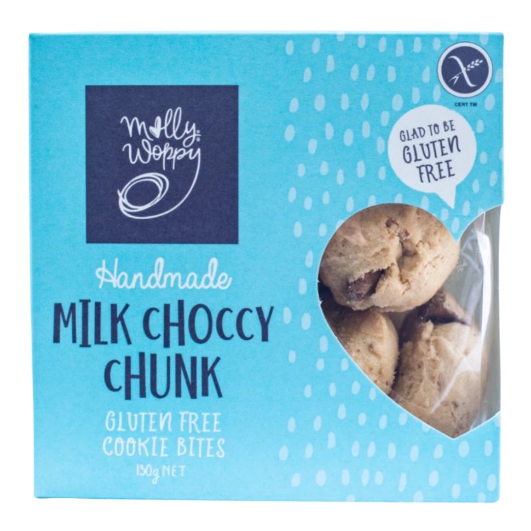 Molly Woppy Milk Choccy Chunk GF Cookie Bites, gluten-free treats with rich chocolate chunks, made in NZ, 130g pack.