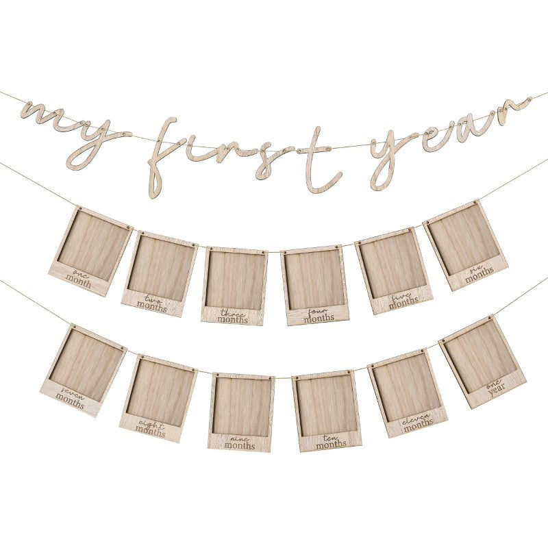 Wooden Baby Photo Bunting featuring 12 frames to showcase milestones, perfect for nurseries or birthday celebrations.