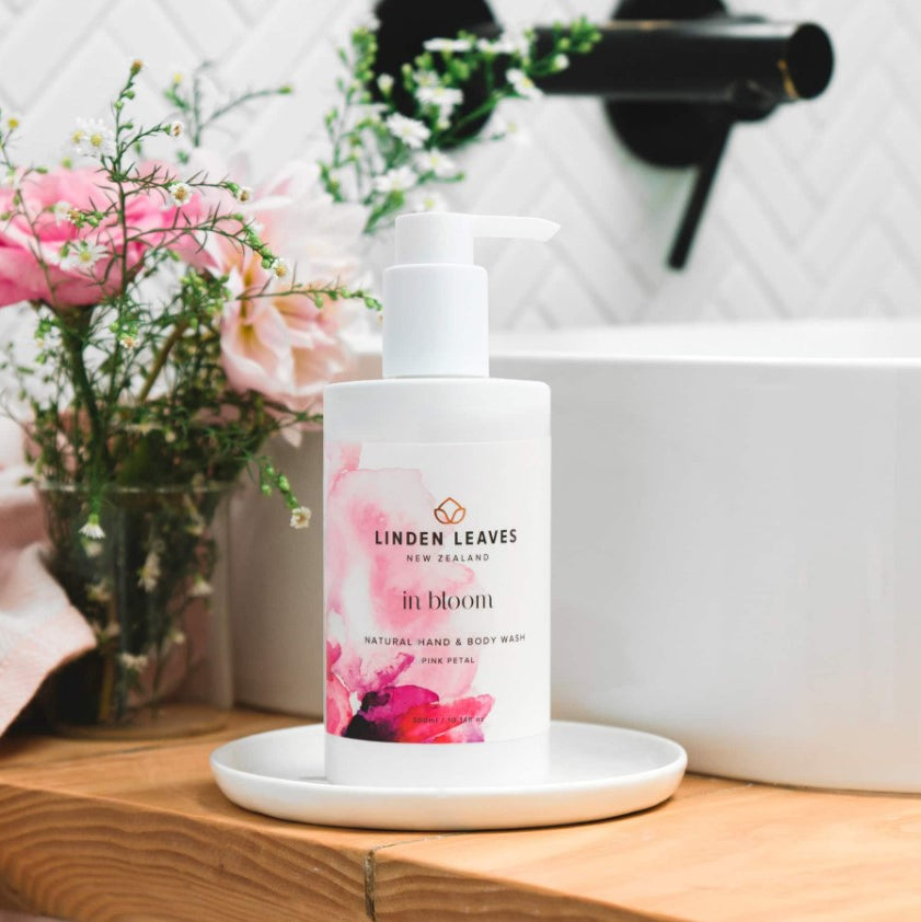 Linden Leaves Pink Petal Hand & Body Wash with floral fragrance, moisturizing olive oil, and gentle cleansing for radiant skin.