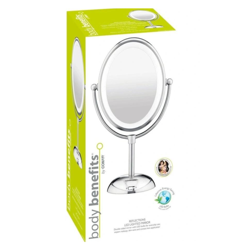 Elegant double-sided LED mirror with 1x and 7x magnification, ideal for precise grooming and makeup application.