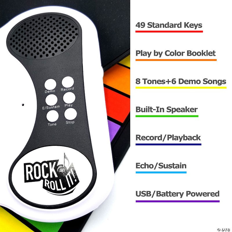 Vibrant Rainbow Rock and Roll It Piano featuring 49 tactile keys, built-in speaker, and play-by-color learning book.