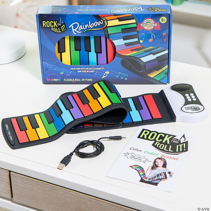 Vibrant Rainbow Rock and Roll It Piano with 49 keys, ideal for portable music creation and learning for all ages.