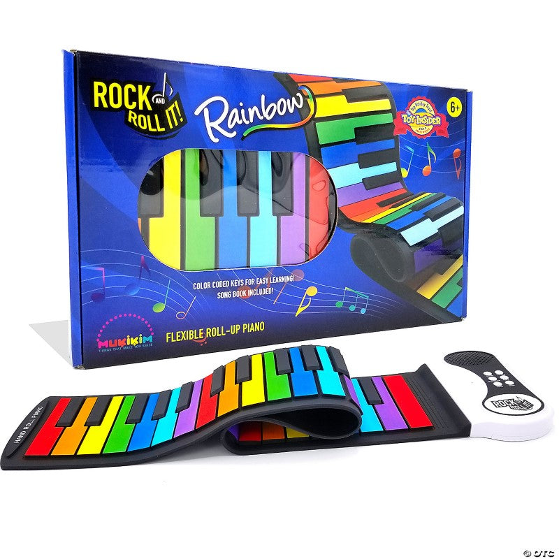 Vibrant portable Rainbow Rock and Roll It Piano with 49 keys, ideal for creative music-making anywhere.