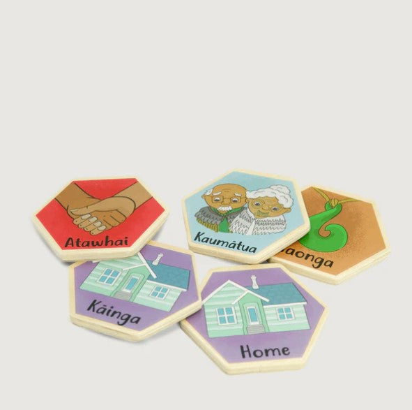 Memory game featuring hexagon-shaped tiles with Te Reo and English words, promoting bilingual learning for children.