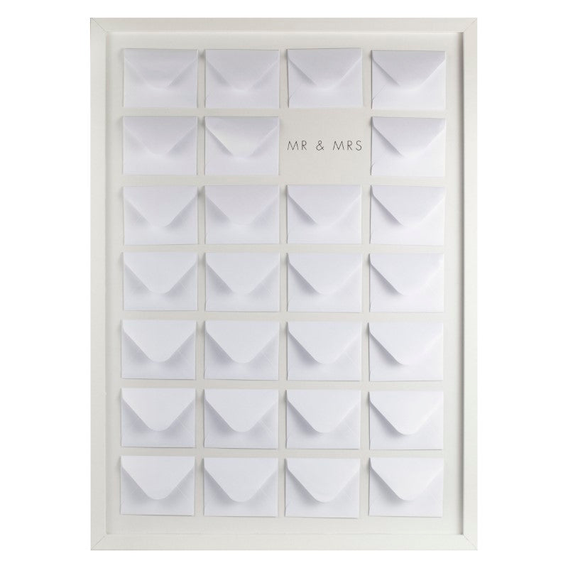 Wedding guest book frame featuring 27 mini pearlised envelopes for heartfelt messages, perfect for rustic celebrations.