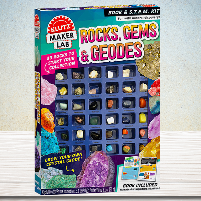 Colorful Rocks, Gems & Geodes Kit for kids featuring rocks, minerals, molds, and tools for hands-on geology experiments.