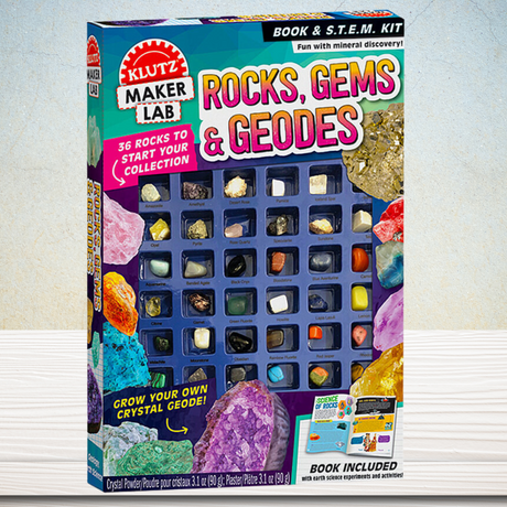 Colorful Rocks, Gems & Geodes Kit for kids featuring rocks, minerals, molds, and tools for hands-on geology experiments.