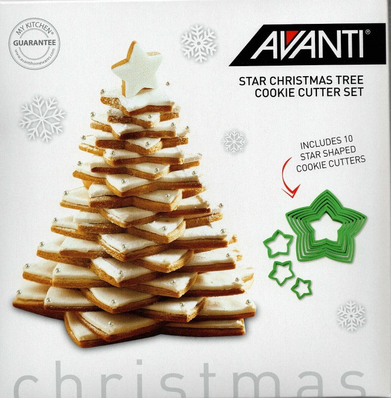 Star-shaped cookie cutter set of 10 for creating festive Christmas tree cookies, includes gingerbread recipe and is dishwasher safe.