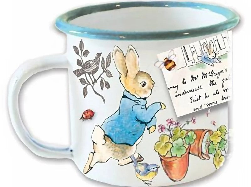 Charming Peter Rabbit enamel mug with whimsical illustrations, perfect for gifts and everyday use, gift boxed for added charm.