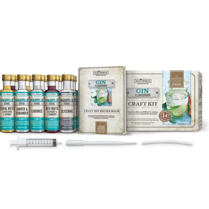 DIY gin craft kit with flavoring ingredients, recipe booklet, and tools for personalized gin making at home.