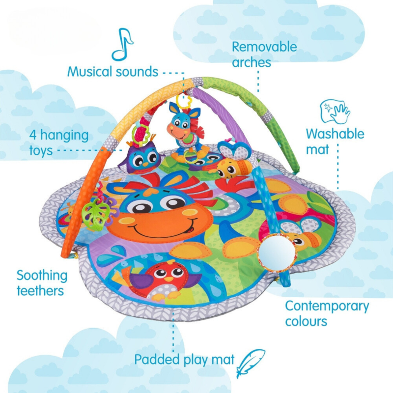 Musical Activity Gym Mat with colorful toys, mirror, and padded surface for sensory development and tummy time.