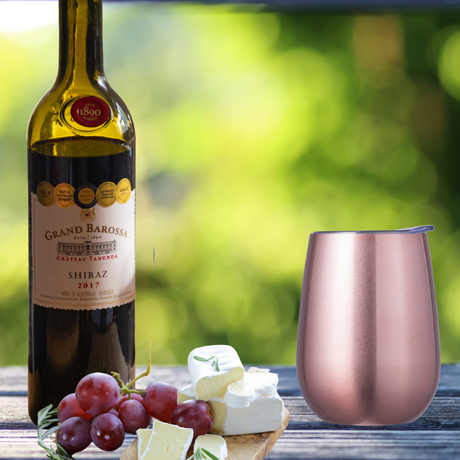 Rose gold double wall insulated wine tumbler, 300ml capacity, keeps drinks at ideal temperature, perfect for outdoor use.