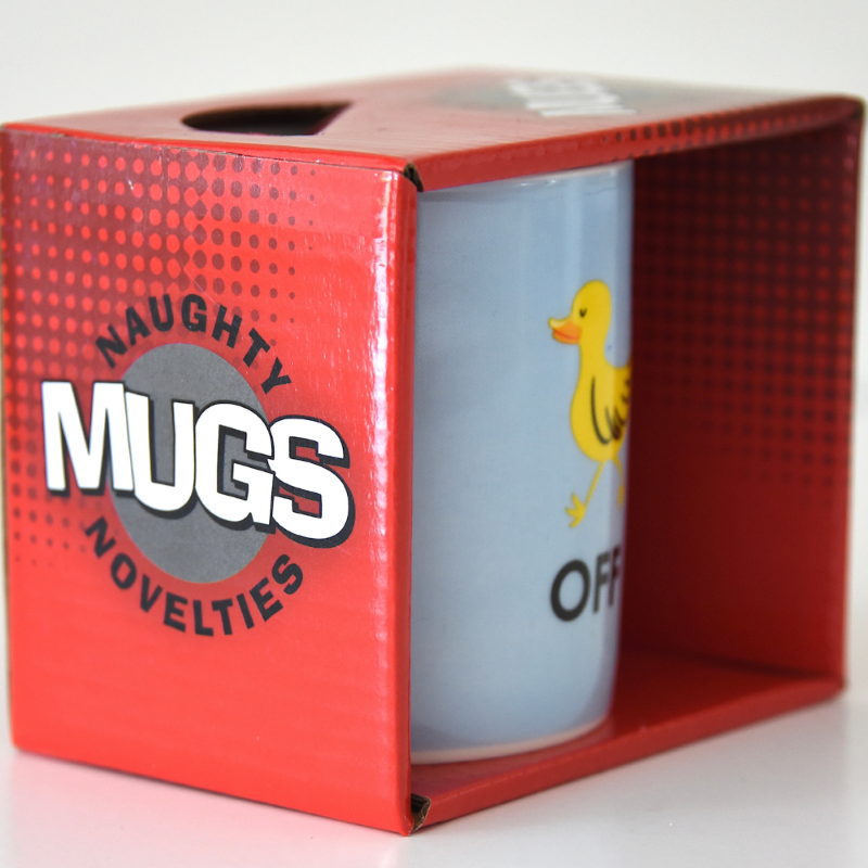 Cheeky "Duck Off" mug with duck design, 350ml porcelain, microwave and dishwasher safe, perfect for humor and daily use.
