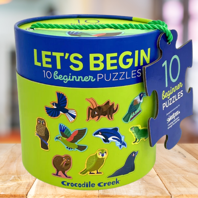 Colorful canister with 10 engaging 2-piece animal puzzles for toddlers, featuring New Zealand wildlife. Perfect for early learning.