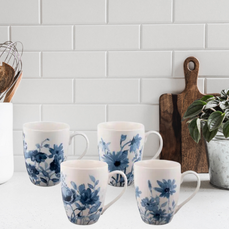 Classic Design Set of 4 elegant New Bone China mugs, perfect for daily use or special occasions, microwave and dishwasher safe.