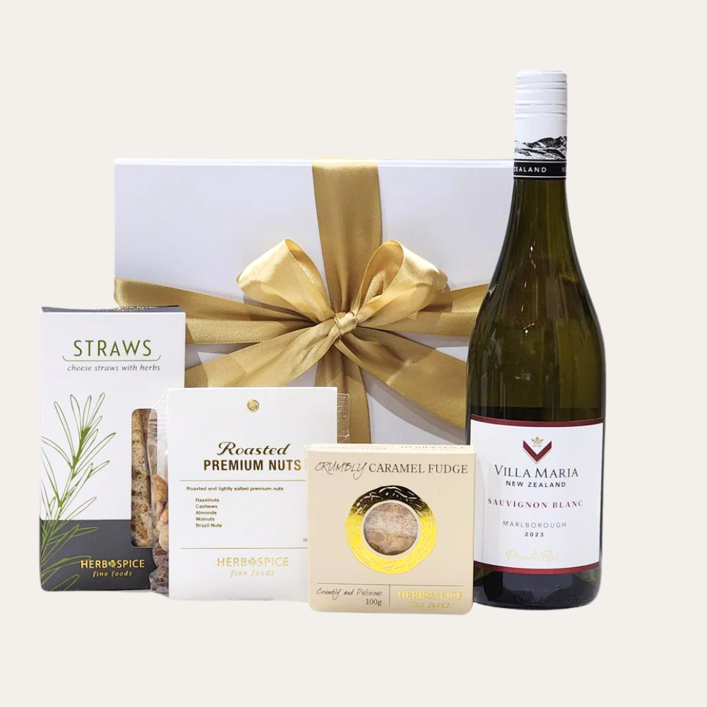 Luxurious gift box featuring New Zealand Sauvignon Blanc and gourmet nibbles, perfect for wine lovers and special occasions.