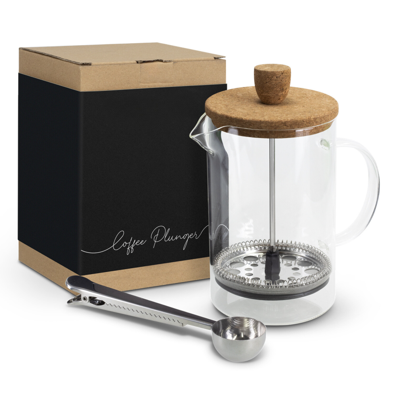 Elegant 800ml Aurora Coffee Plunger in borosilicate glass with cork lid and stainless steel spoon for stylish coffee brewing.