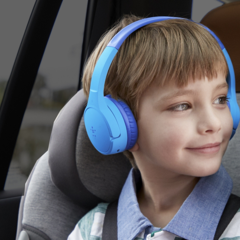Wireless kids headphones with volume limit, 30-hour battery, durable design, and customizable stickers for personal flair.