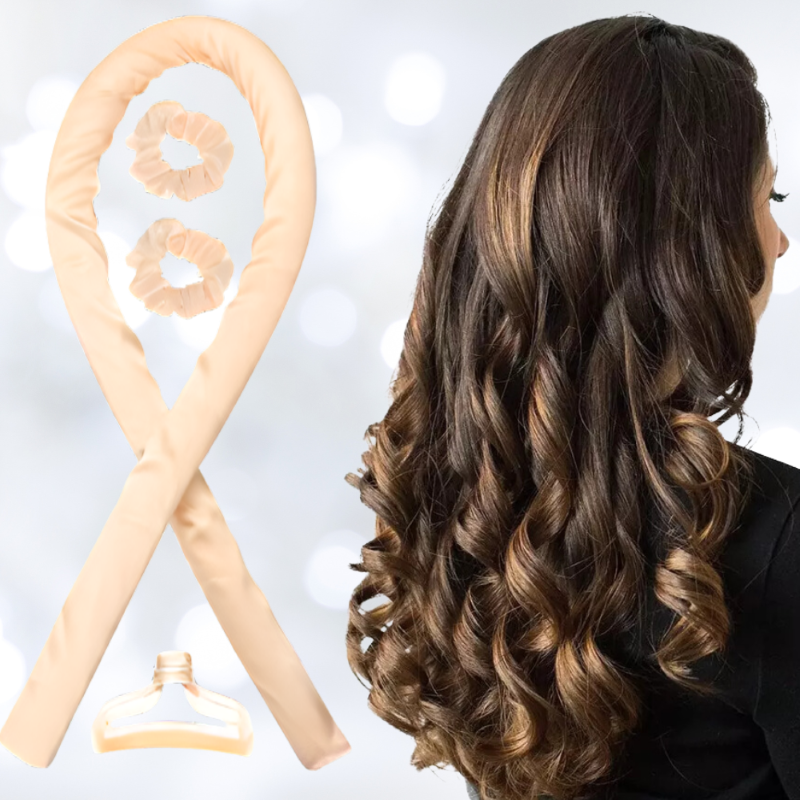 Heatless Hair Curler Headband in pink, designed for effortless, heat-free curls; includes satin rod, scrunchies, and clip.