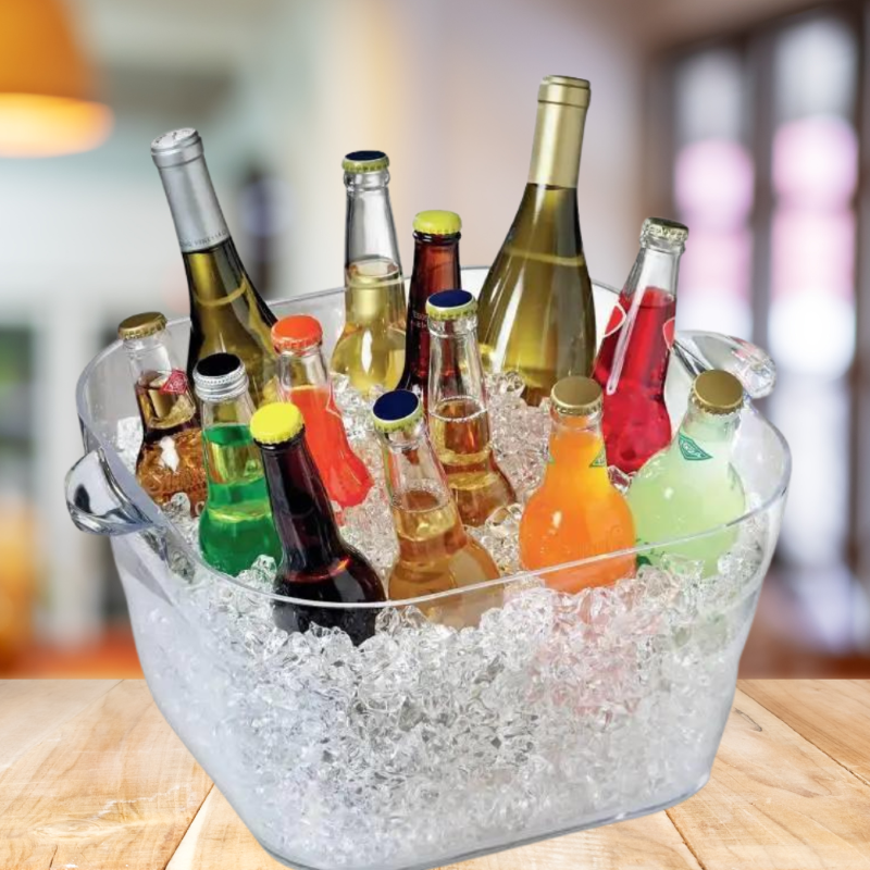 Clear square drink holder made of unbreakable BPA-free polycarbonate, perfect for stylish outdoor entertaining.