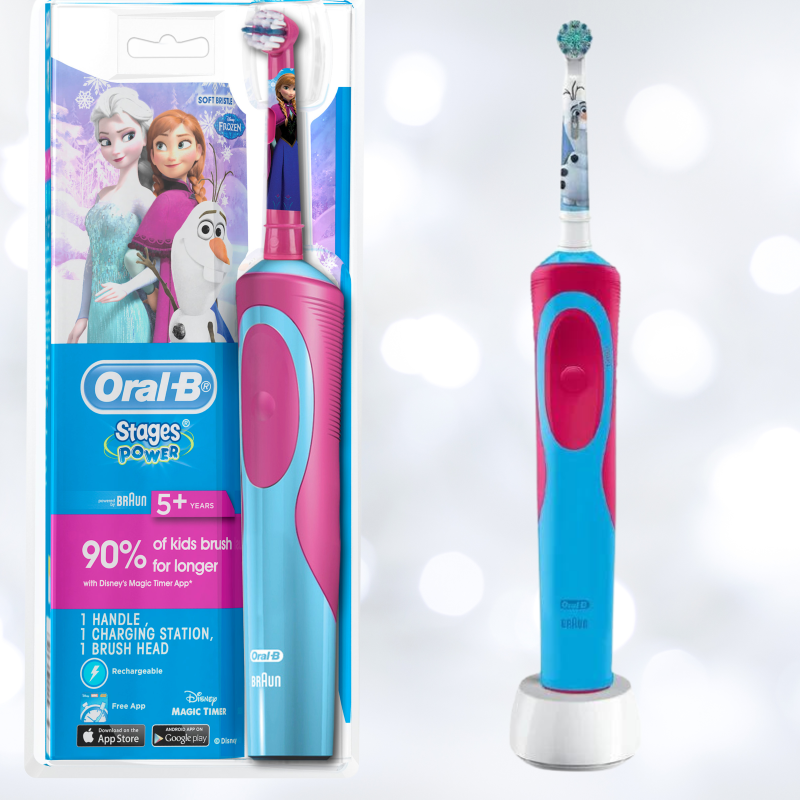 Frozen Kids Electric Toothbrush featuring beloved characters, extra-soft bristles, and rechargeable battery for fun, effective cleaning.