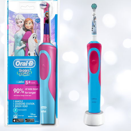 Frozen Kids Electric Toothbrush featuring beloved characters, extra-soft bristles, and rechargeable battery for fun, effective cleaning.