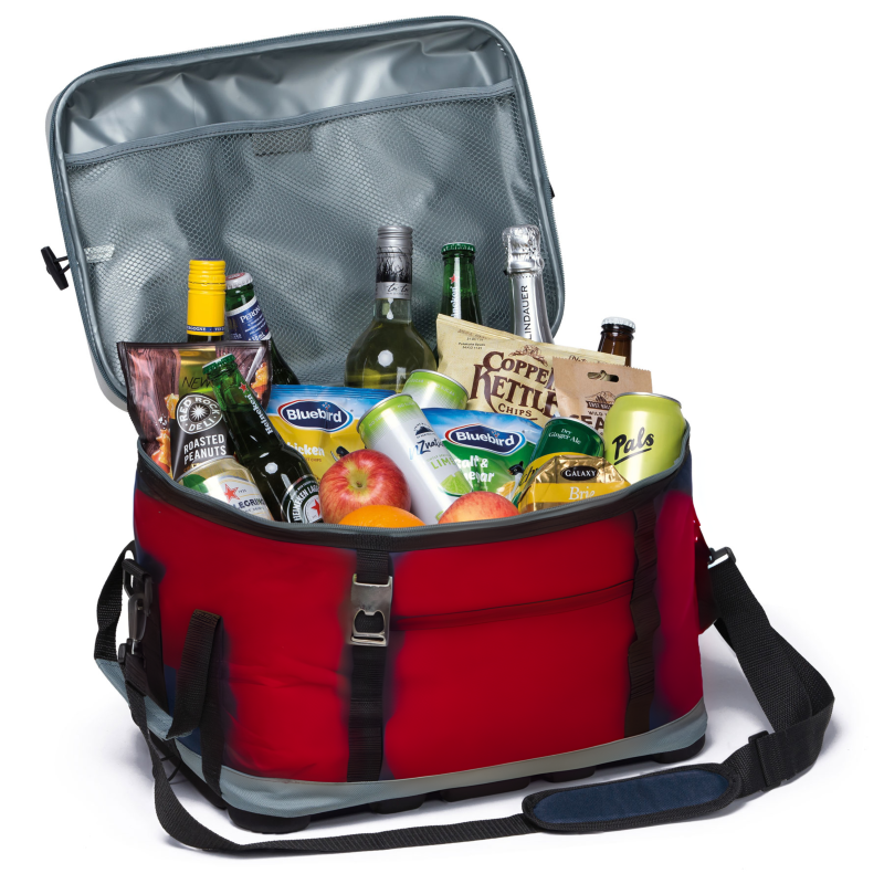Spacious cooler bag with integrated glass holders, leak-proof lining, and adjustable strap for outdoor adventures.