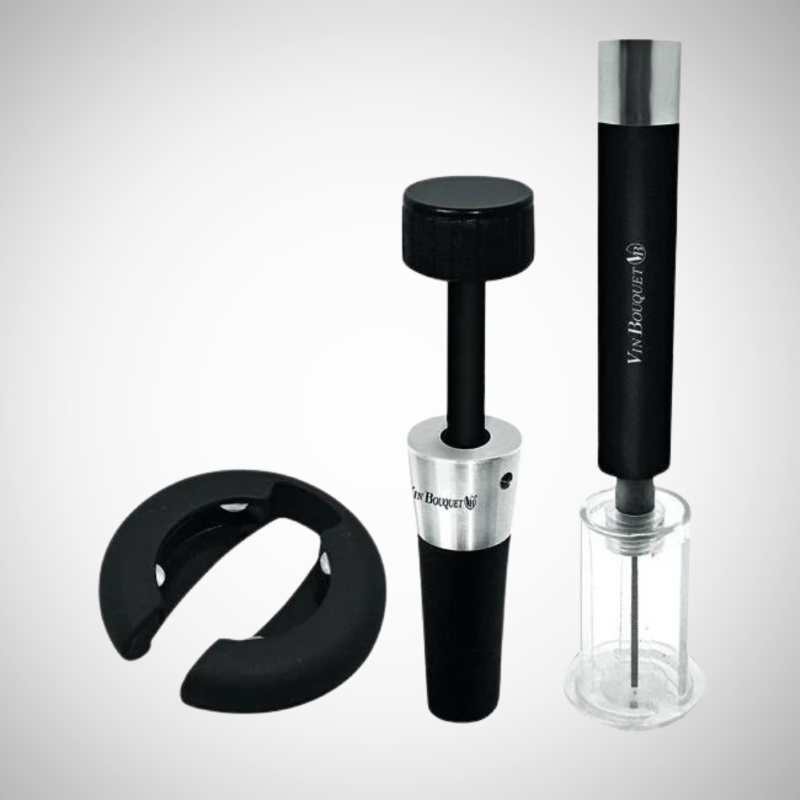 Air Corkscrew Set featuring corkscrew, foil cutter, and vacuum stopper for effortless wine opening and preservation.