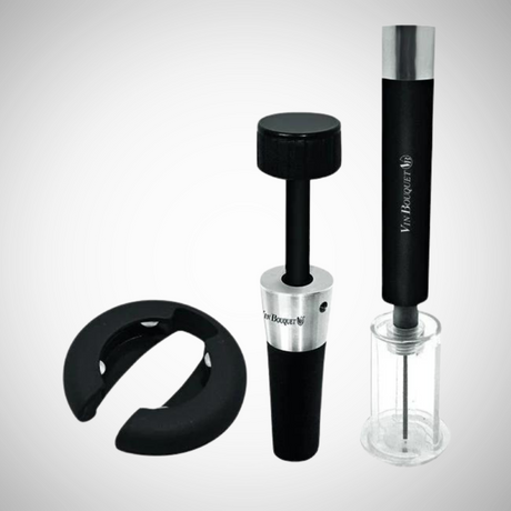 Air Corkscrew Set featuring corkscrew, foil cutter, and vacuum stopper for effortless wine opening and preservation.