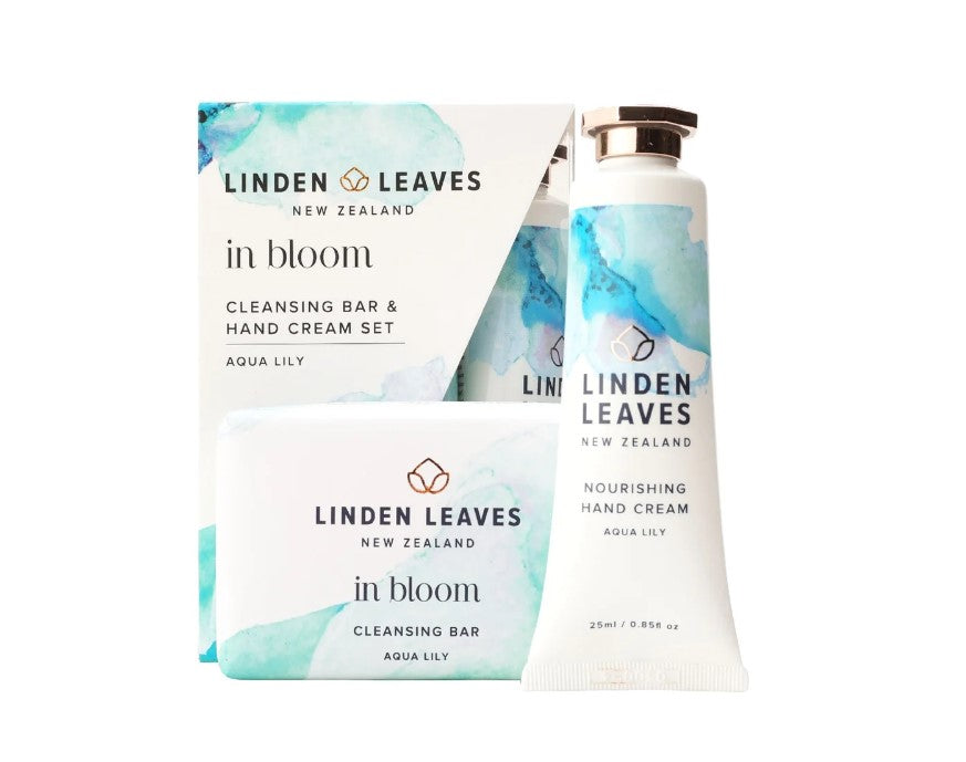Linden Leaves Aqua Lily Hand Cream & Cleansing Bar Set features palm oil-free cleansing and nourishing hand care.