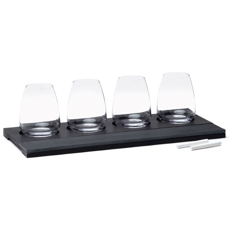 Elegant 7-piece wine tasting set with stemless glasses, pine tray, and slate panel for custom labeling. Perfect for wine lovers.