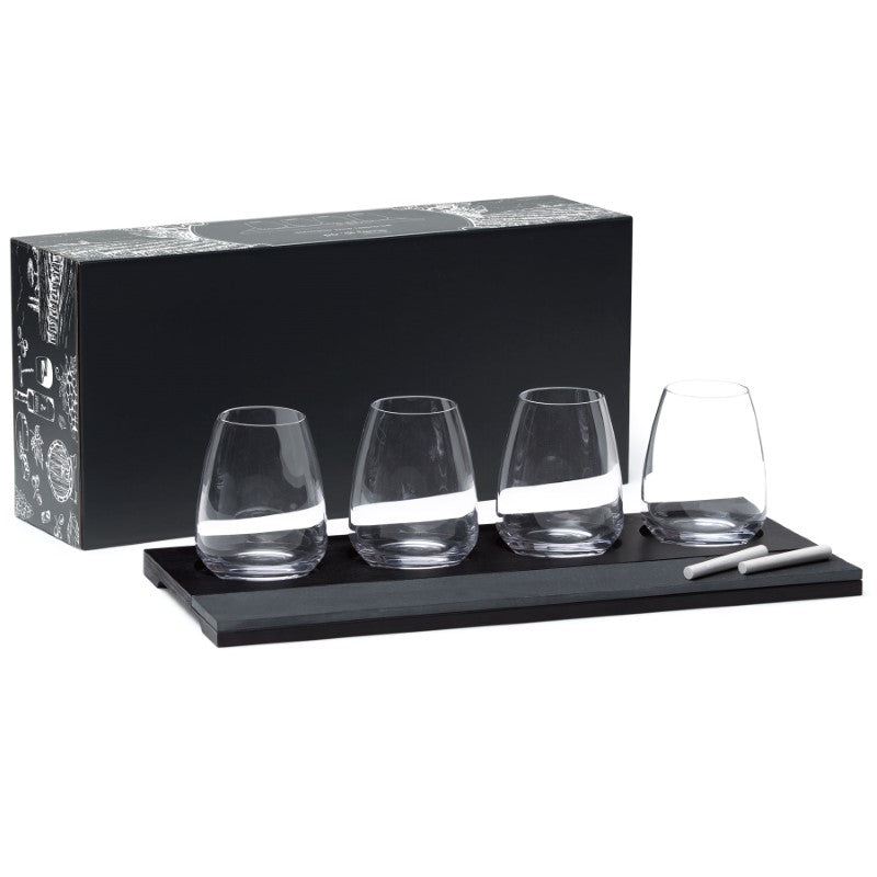 Elegant 7-piece wine tasting set with stemless glasses, pine tray, slate panel for custom labeling, and chalk.