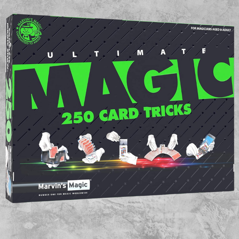 A comprehensive guide featuring 250 card tricks with instructions, playing cards, and gimmicks for aspiring magicians.