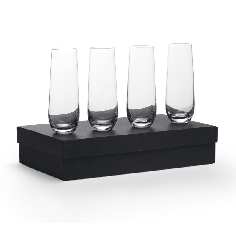 Set of 4 elegant stemless champagne flutes, designed for comfort and sophistication, perfect for any celebration.