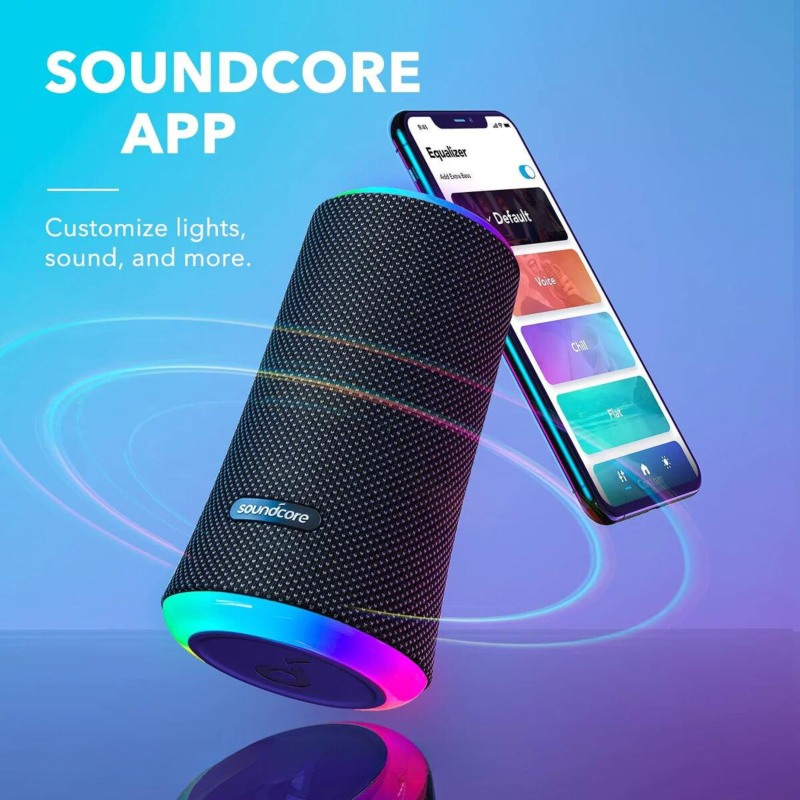 Waterproof Bluetooth speaker with 360° sound, customizable profiles, and light show; perfect for outdoor parties.