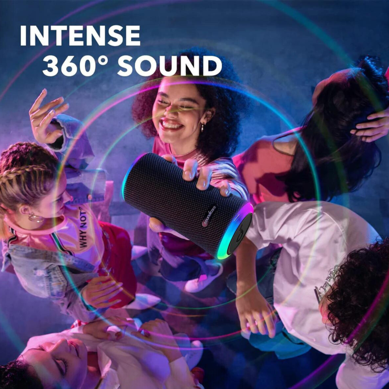 Waterproof speaker with 360° sound, 20W output, light show, customizable profiles, and 12-hour playtime for outdoor fun.