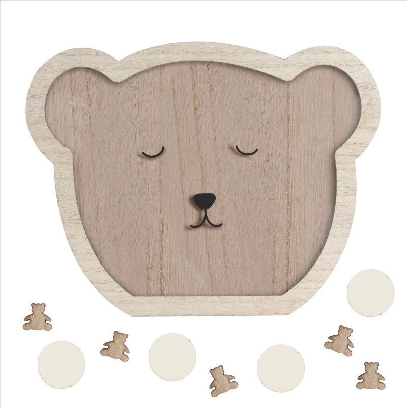 Wooden teddy-shaped guest book alternative with drop-top frame for heartfelt baby shower messages and well-wishes.