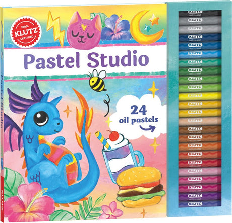 24-Piece Oil Pastel Studio kit with vibrant pastels, blending sticks, and an art book for young artists aged 6 and up.