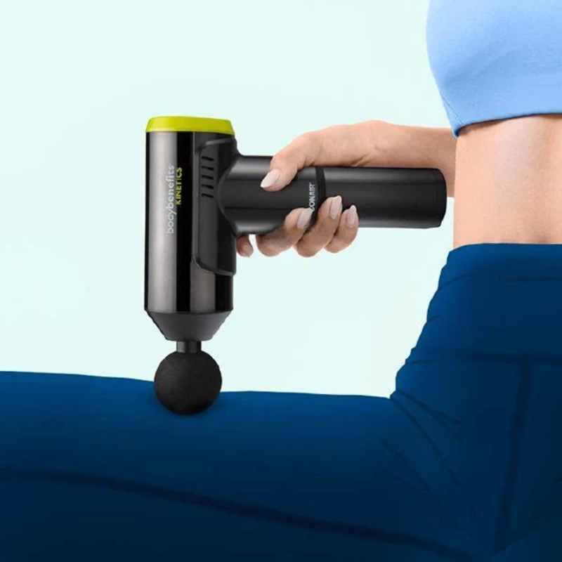 Kinetic Percussive Massage Gun for deep tissue relief, featuring 4 speeds, 3 heads, and 120 minutes of cordless use.