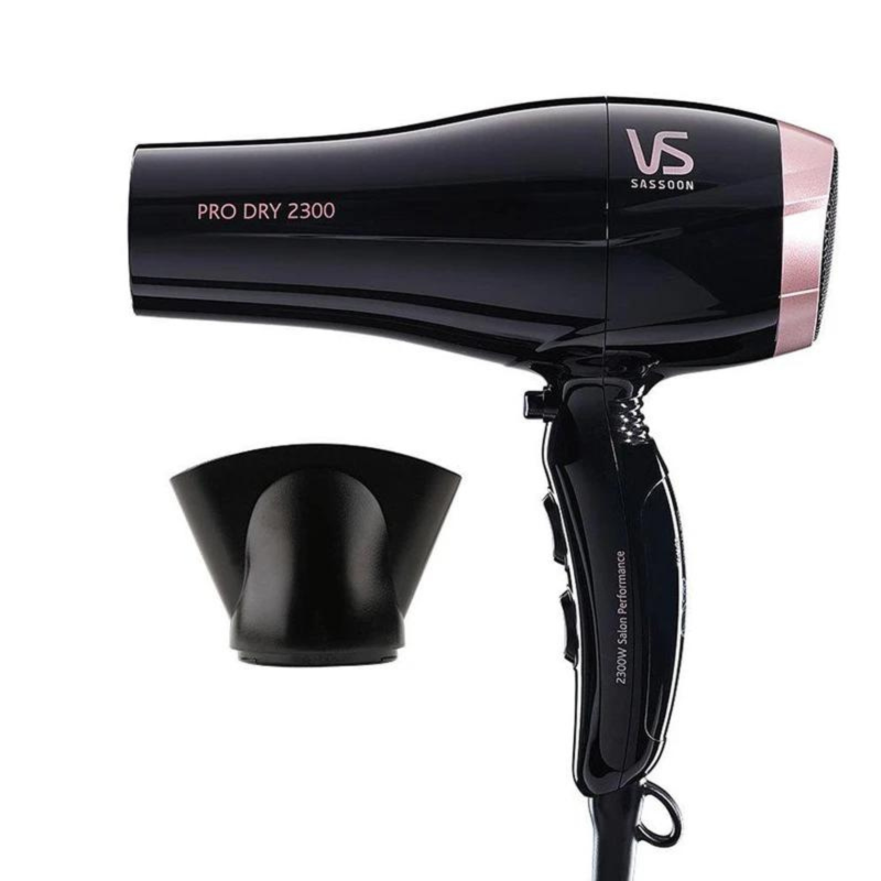 Lightweight 2300-watt hair dryer with 3 heat settings and concentrator nozzle for efficient styling and drying.