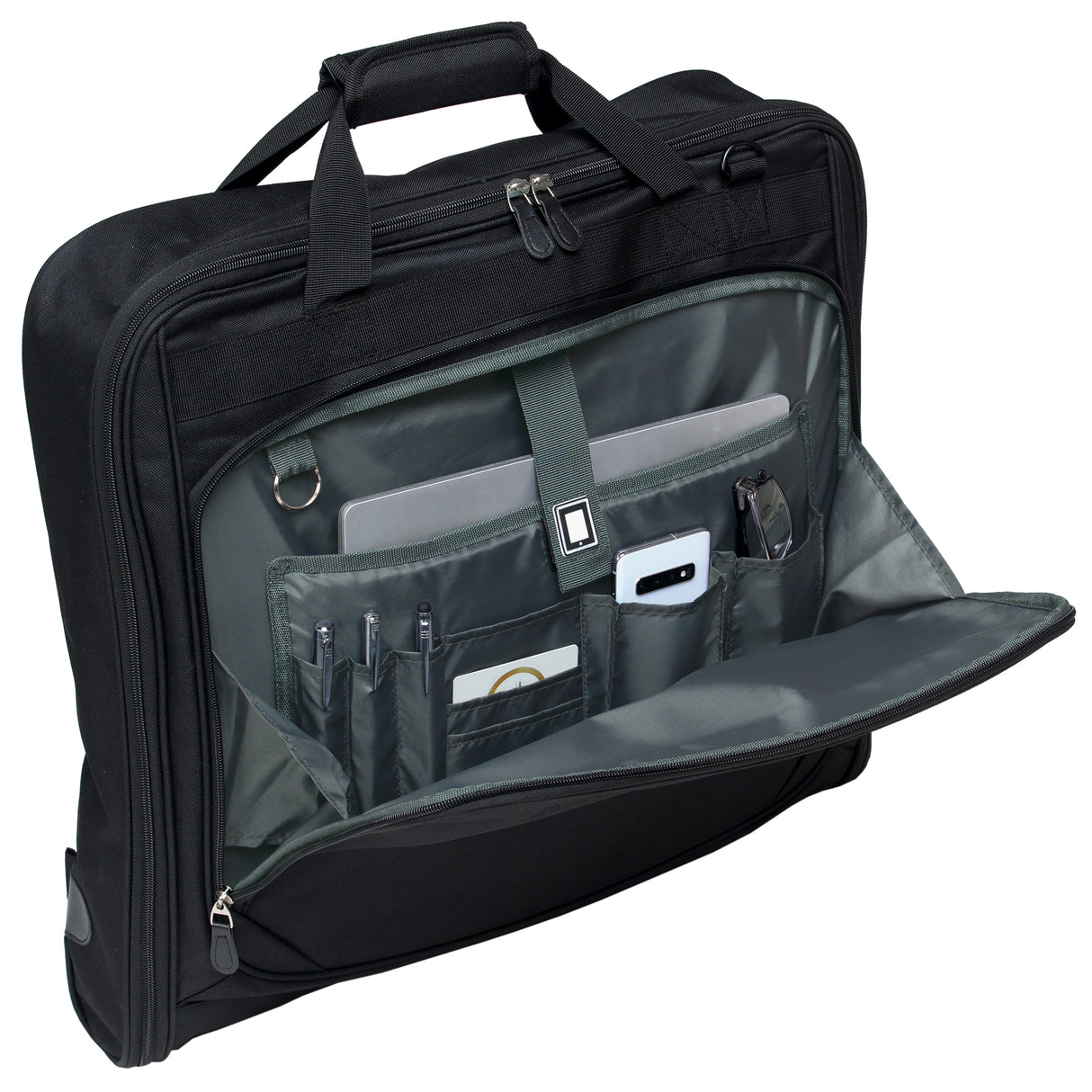 Travel Garment Suit Bag holding up to 3 suits, features zip-around compartment, 4 pouches, and padded laptop pocket for organized travel.
