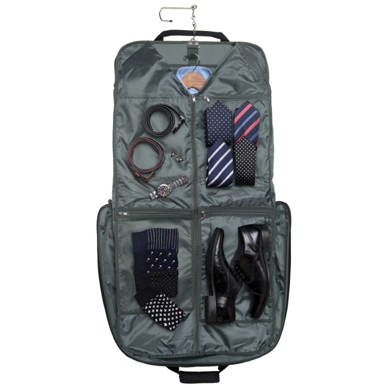 Travel Garment/Suit Bag features space for 3 outfits, zip-around access, and multiple pouches for organized packing.