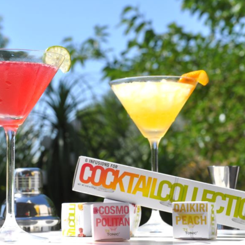 Cocktail Infusions Collection kit featuring natural ingredients for quick, professional-quality Cosmopolitan, Margarita, and Daiquiri Peach.