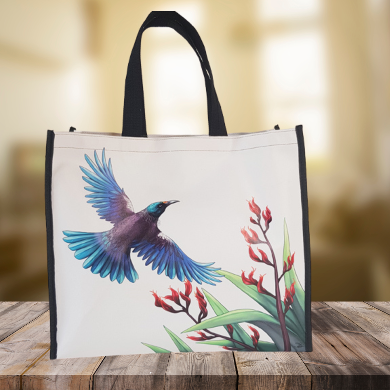 Large Tote Bag with Tui design by Sophie Blokker, showcasing a graceful Tui bird for stylish, practical use.